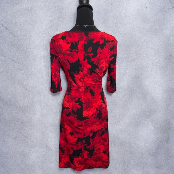 Connected Apparel Y2K Style Half Sleeve Red Floral Sheath Dress Size 10 - Picture 2 of 5